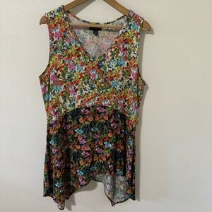 Apropos Asymmetric Hem Multicolor Floral Sleeveless Tunic Mini Shift Dress-Large